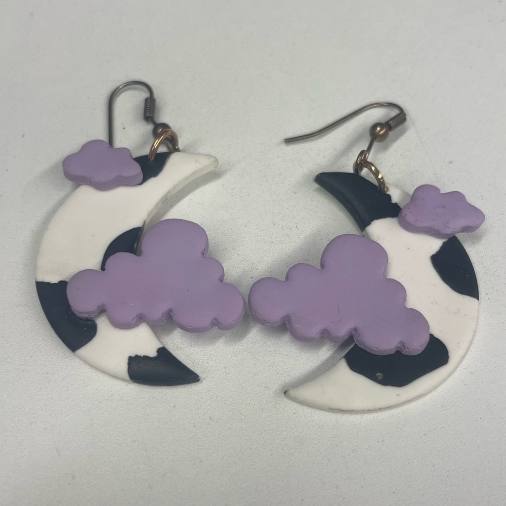 Polymer Clay Cow Moon and Cloud earrings